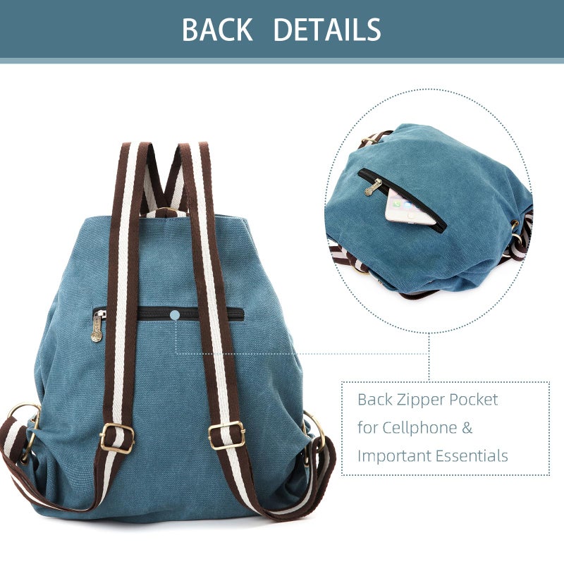 Goodhan Women Canvas Backpack Daypack Casual Shoulder Bag, Vintage Heavy-duty Anti-theft Travel Backpack (Green Blue) - Image 3